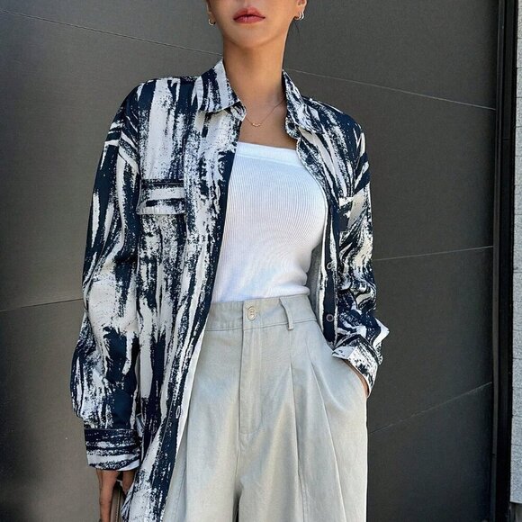 Royal Blue Casual Women's Random Print Loose Long Sleeve Shirt - Picture 2 of 8